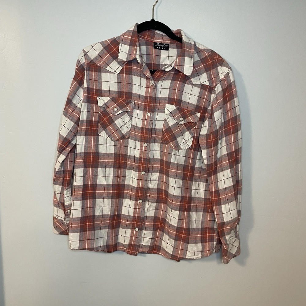 Wrangler Retro Shirt Mens M Brown‎ Plaid Pearl Snap Western Long Sleeve Festival
